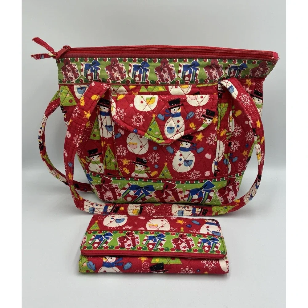Red Quilted Christmas Tote Shoulder Bag Snowman Print Holiday Zipper and Wallet